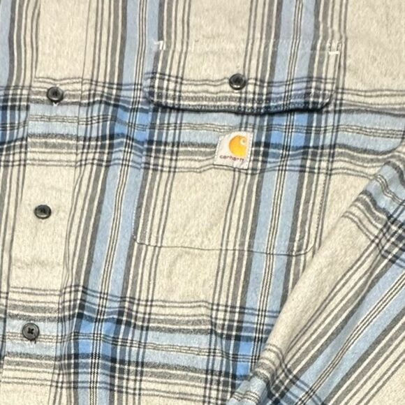 CARHARTT Men’s Tan Gray Blue Plaid Long Sleeve Button Front Work Shirt Loose Fit - Picture 6 of 6